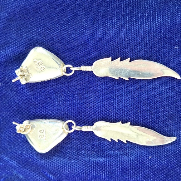 Vintage Native American Black Onyx Sterling Silver Feather Earrings - Picture 5 of 15